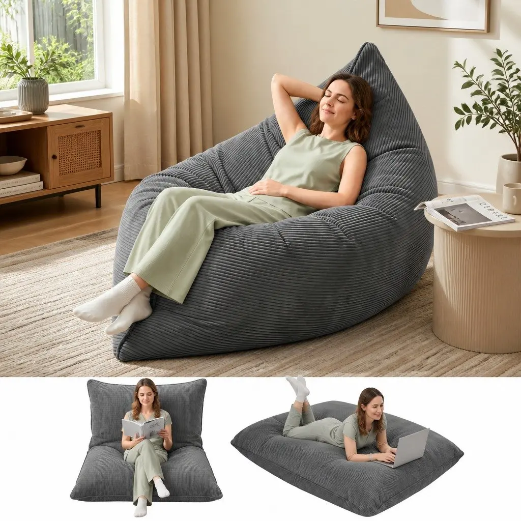 3 in 1 Convertible Bean Bag Chair Floor Cushion Sofa Corduroy Cover Memory Foam