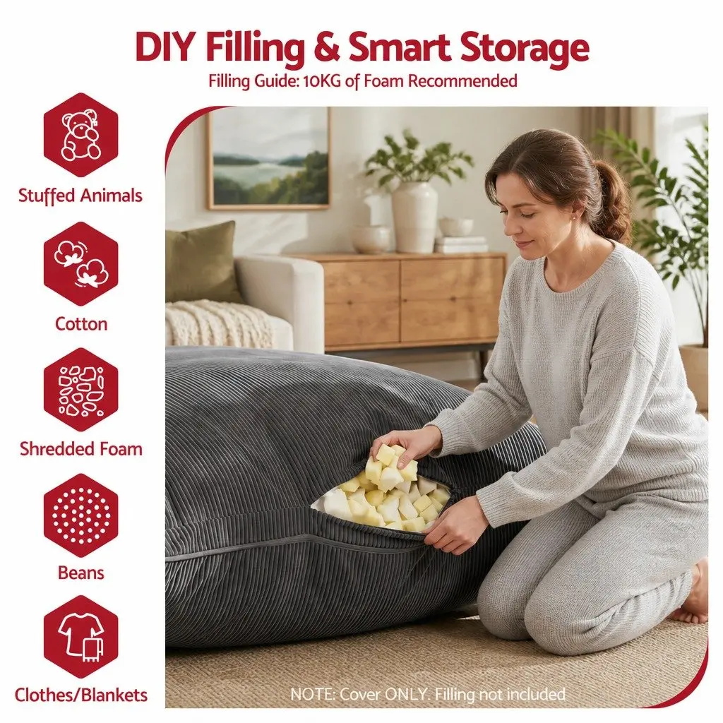 Grey Corduroy 3-in-1 Bean Bag Chair Cover