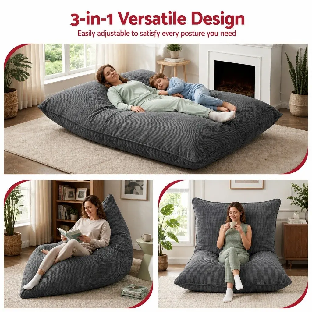 Grey Corduroy 3-in-1 Bean Bag Chair Cover