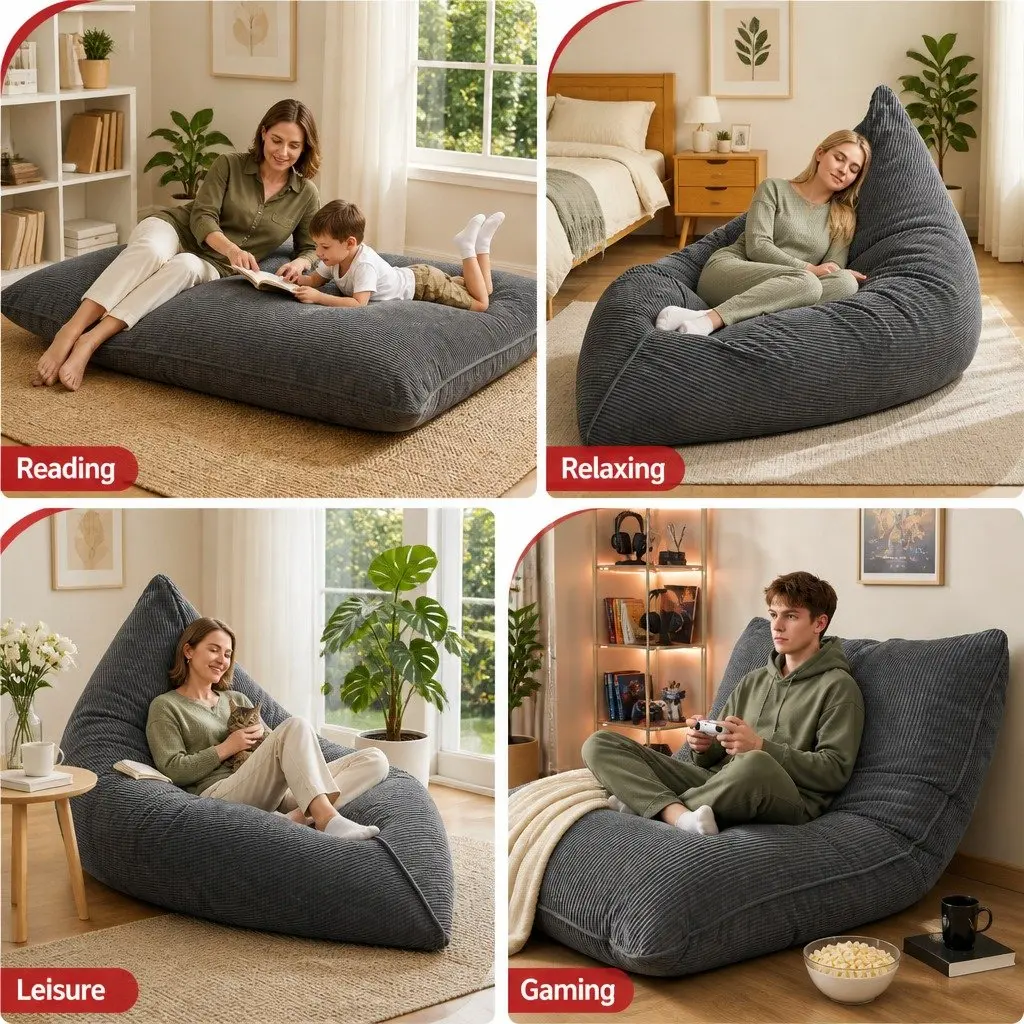 Grey Corduroy 3-in-1 Bean Bag Chair Cover
