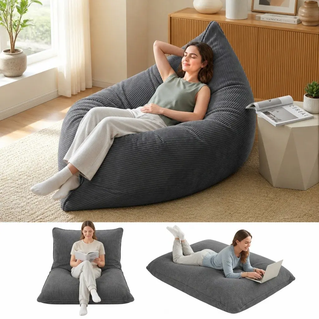Grey Corduroy 3-in-1 Bean Bag Chair Cover