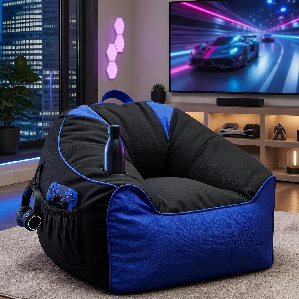 Gaming Bean Bag Chair Cover Floor Lounge Seat Adults Teens Kids Cup Holder