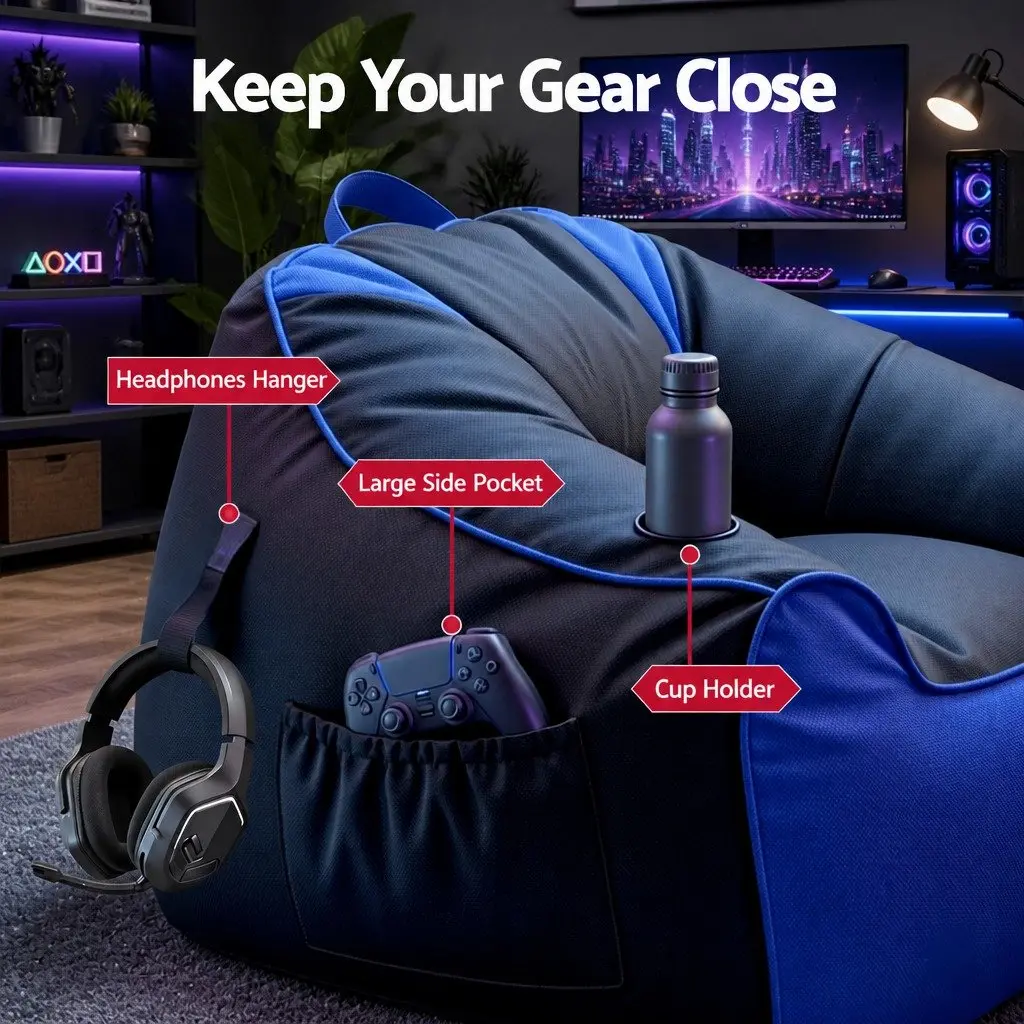 Gaming Bean Bag Chair Cover Floor Lounge Seat Adults Teens Kids Cup Holder