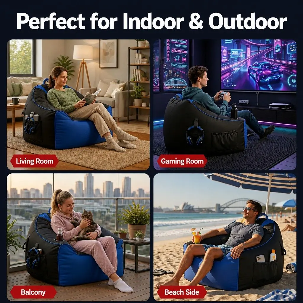 Gaming Bean Bag Chair Cover Floor Lounge Seat Adults Teens Kids Cup Holder