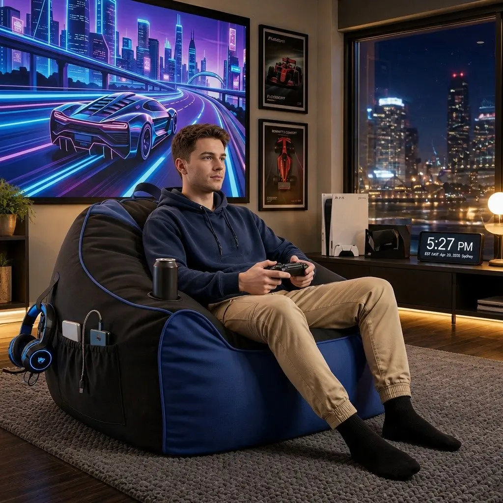 Gaming Bean Bag Chair Cover Floor Lounge Seat Adults Teens Kids Cup Holder