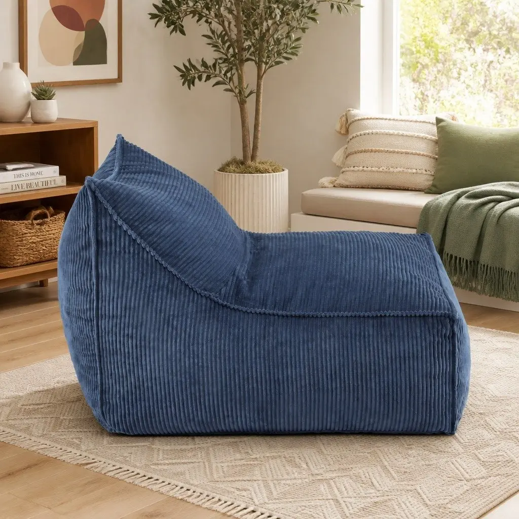 L-Shaped Blue Corduroy Bean Bag Chair Cover