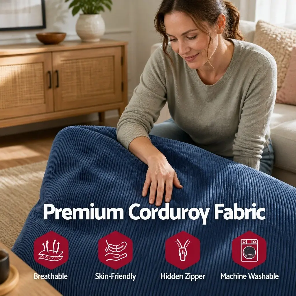 L-Shaped Blue Corduroy Bean Bag Chair Cover