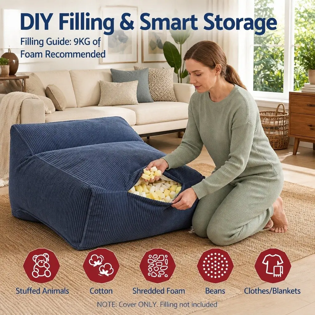 L-Shaped Blue Corduroy Bean Bag Chair Cover