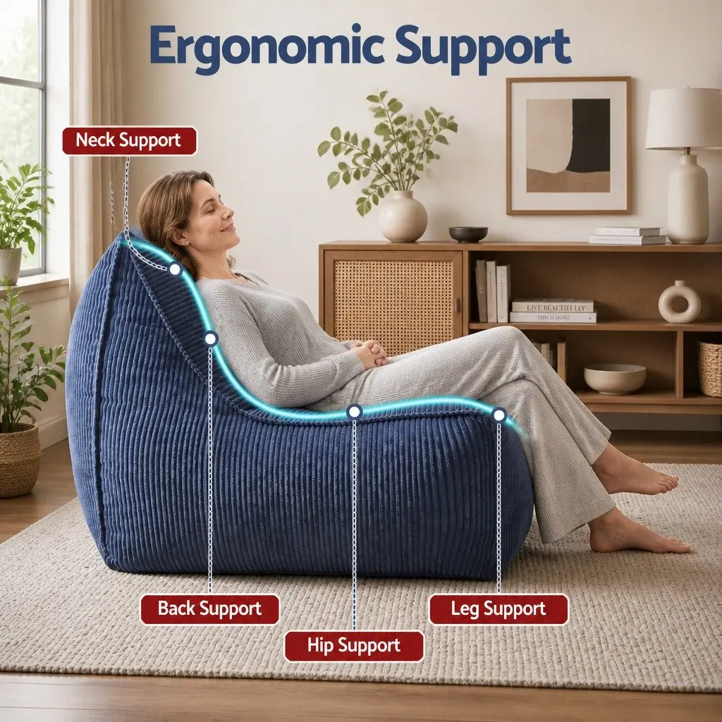 L-Shaped Blue Corduroy Bean Bag Chair Cover