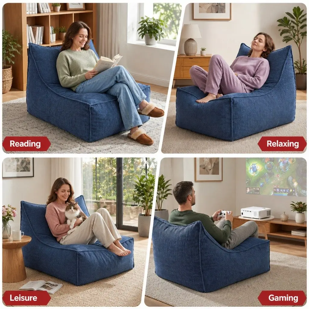 L-Shaped Blue Corduroy Bean Bag Chair Cover