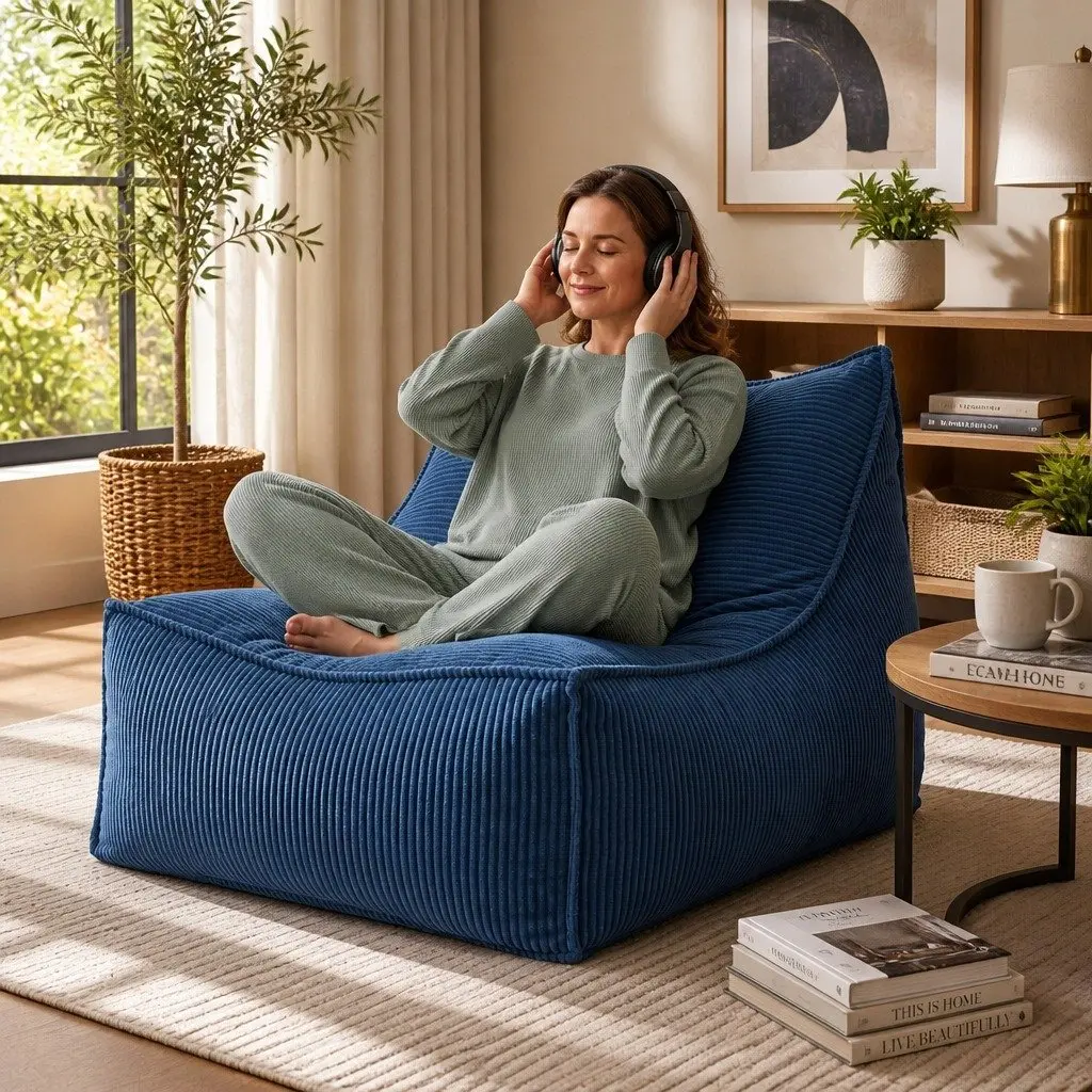L-Shaped Blue Corduroy Bean Bag Chair Cover