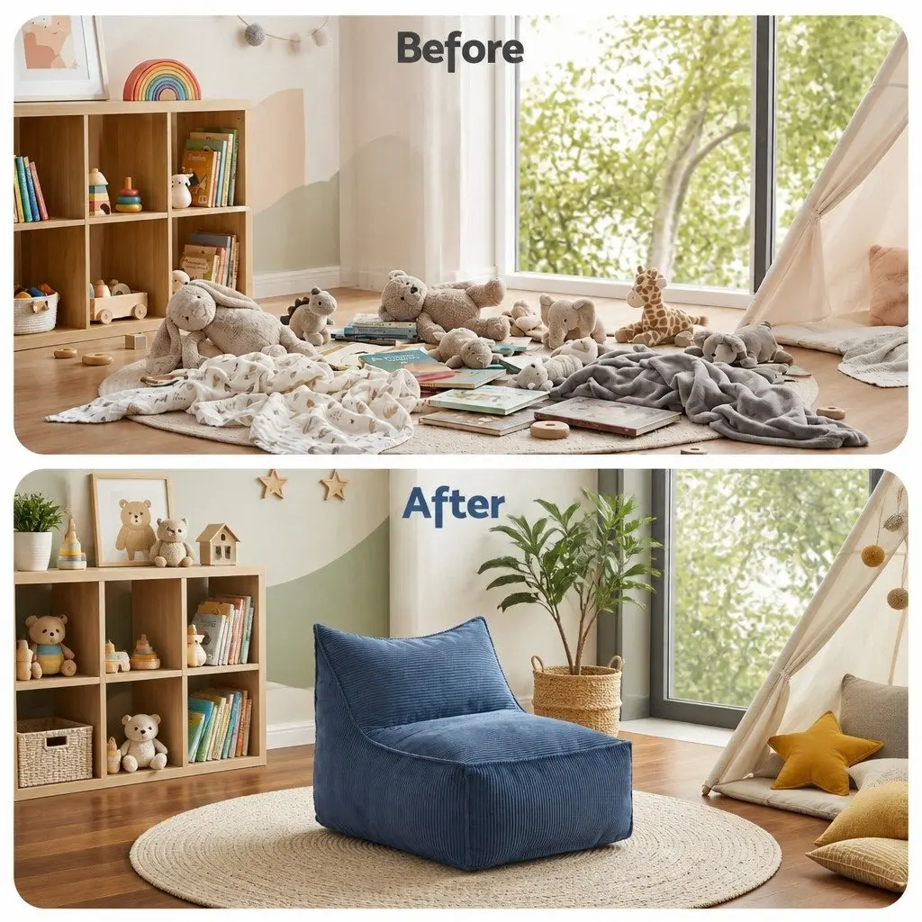 L-Shaped Blue Corduroy Bean Bag Chair Cover