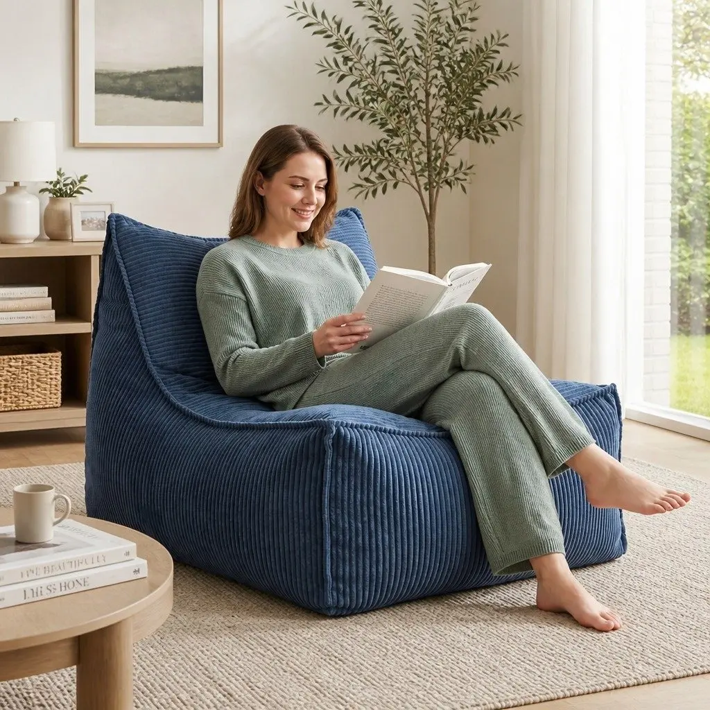 L-Shaped Blue Corduroy Bean Bag Chair Cover