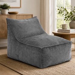 L-Shaped Grey Corduroy Bean Bag Chair Cover for Relaxing