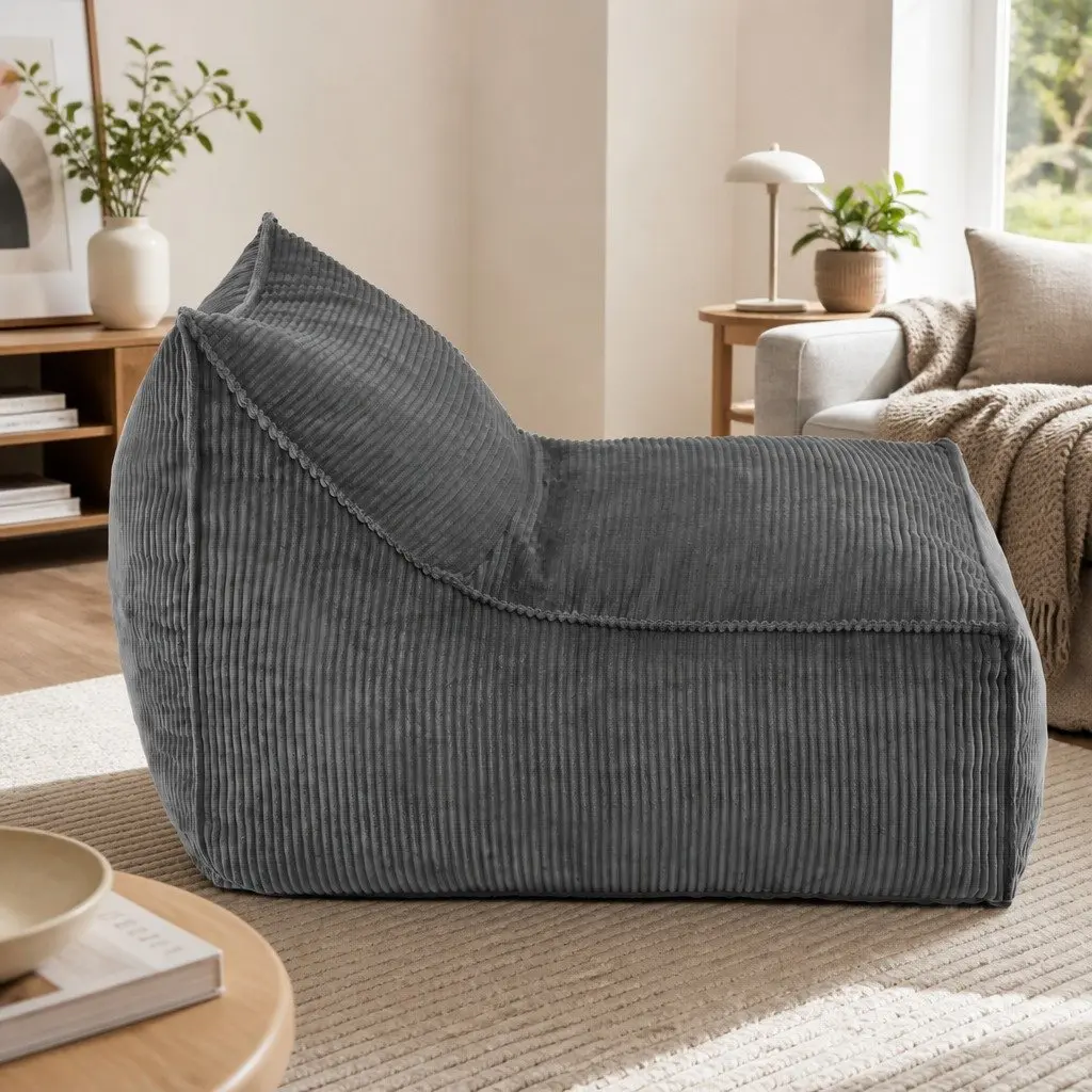 Bean Bag Chair Cover L-Shaped Grey Corduroy Soft Sofa Storage Lounger Adults