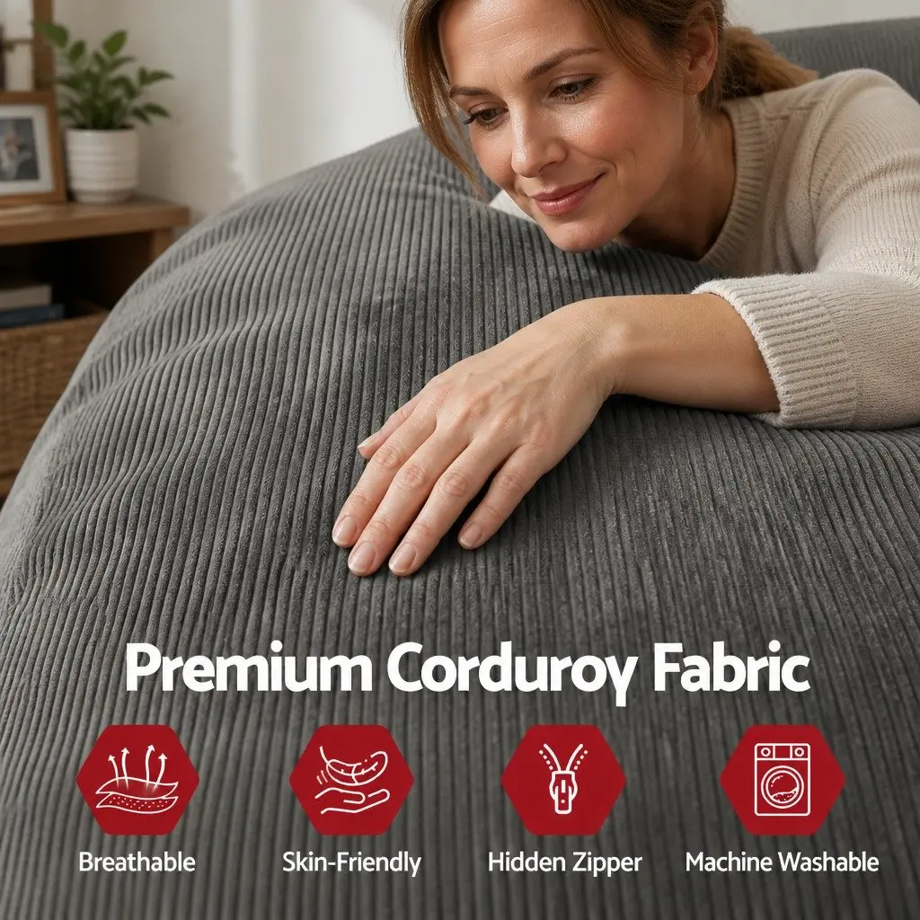 Bean Bag Chair Cover L-Shaped Grey Corduroy Soft Sofa Storage Lounger Adults