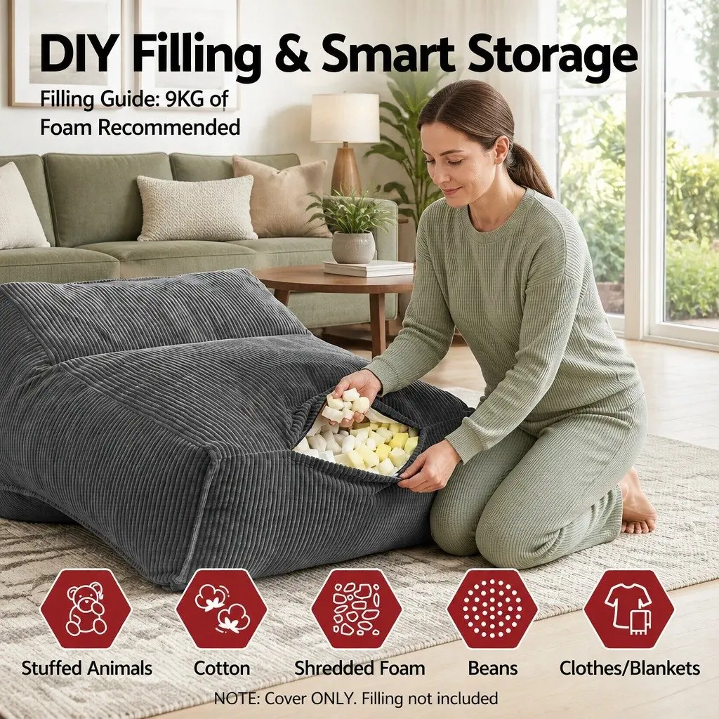 Bean Bag Chair Cover L-Shaped Grey Corduroy Soft Sofa Storage Lounger Adults