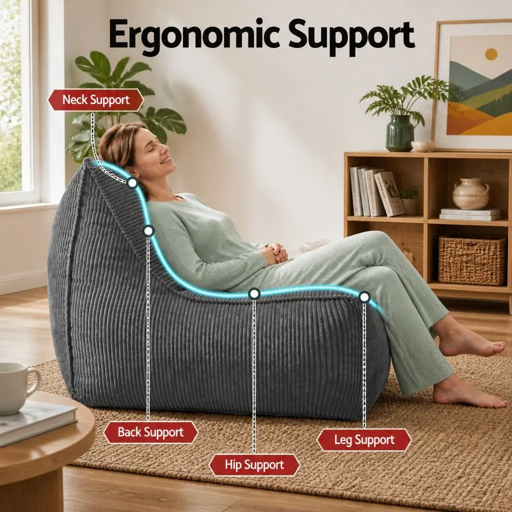 Bean Bag Chair Cover L-Shaped Grey Corduroy Soft Sofa Storage Lounger Adults