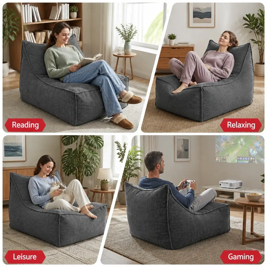 Bean Bag Chair Cover L-Shaped Grey Corduroy Soft Sofa Storage Lounger Adults