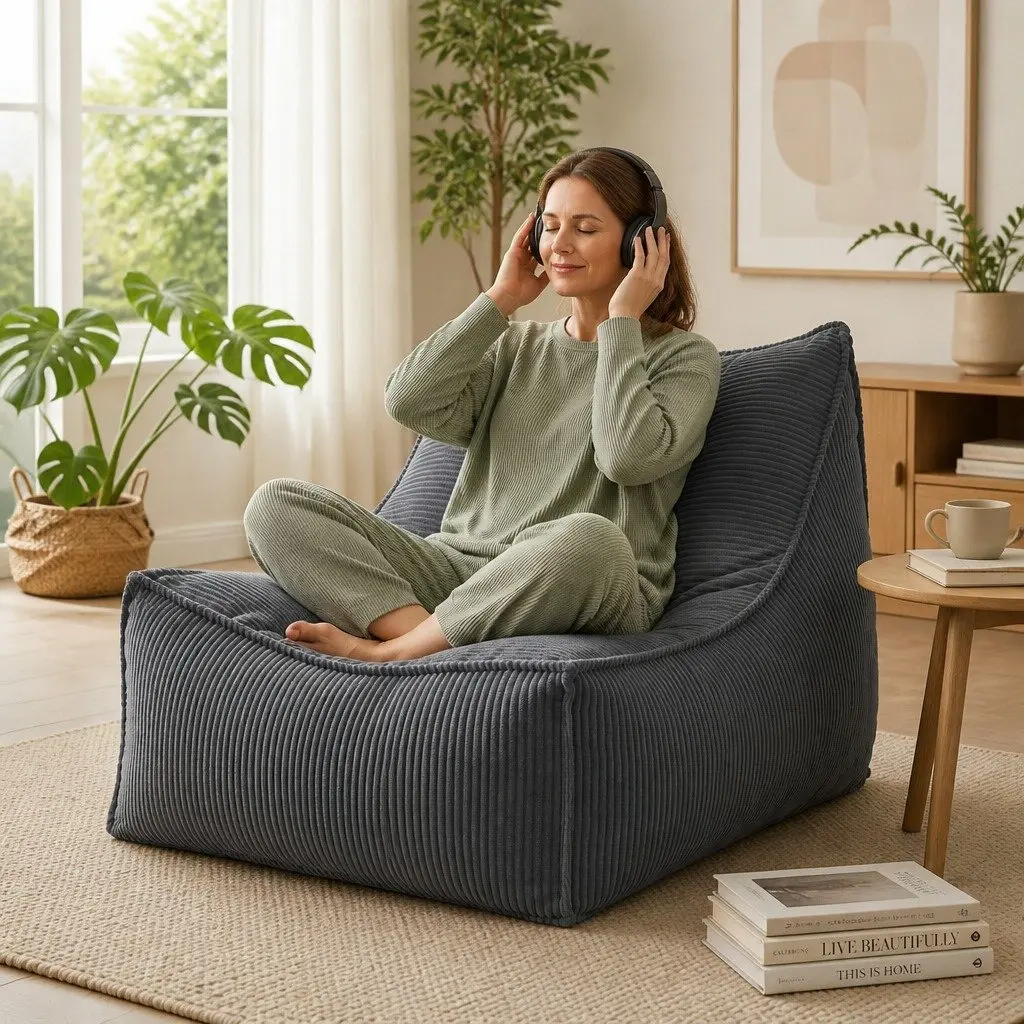 Bean Bag Chair Cover L-Shaped Grey Corduroy Soft Sofa Storage Lounger Adults
