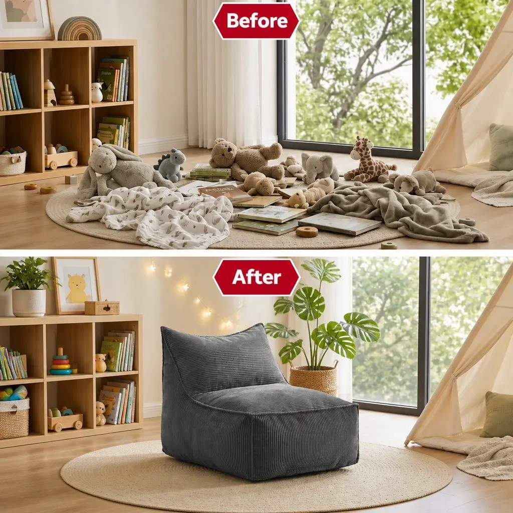 Bean Bag Chair Cover L-Shaped Grey Corduroy Soft Sofa Storage Lounger Adults