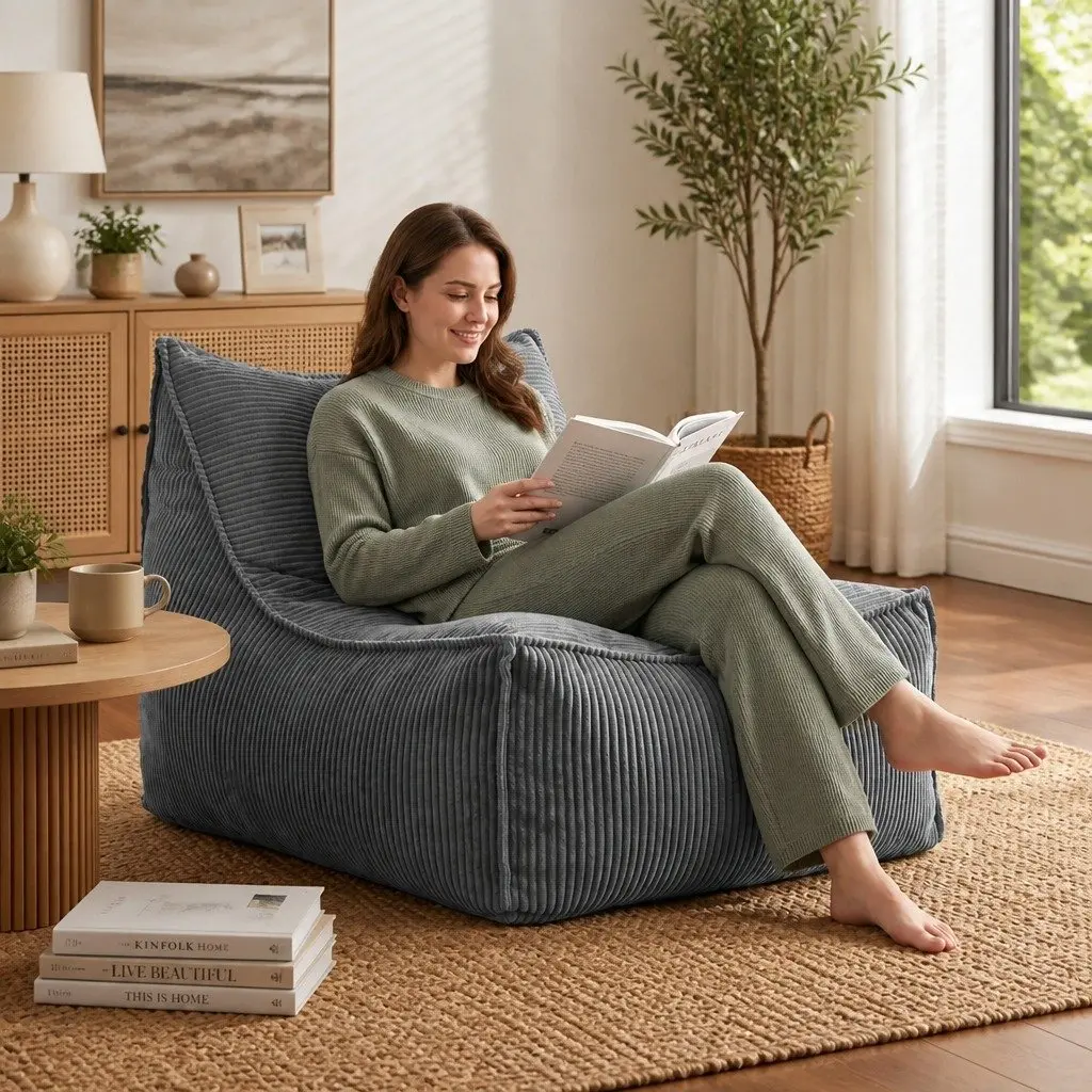 Bean Bag Chair Cover L-Shaped Grey Corduroy Soft Sofa Storage Lounger Adults