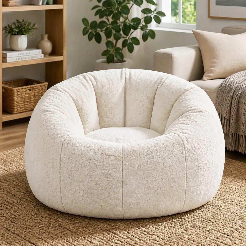 Bean Bag Chair Cover Large Round Faux Fur Soft Washable Storage Sofa for Adults
