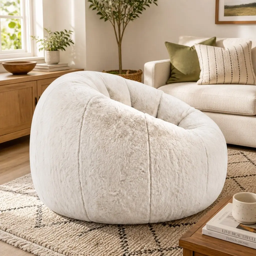 Bean Bag Chair Cover Large Round Faux Fur Soft Washable Storage Sofa