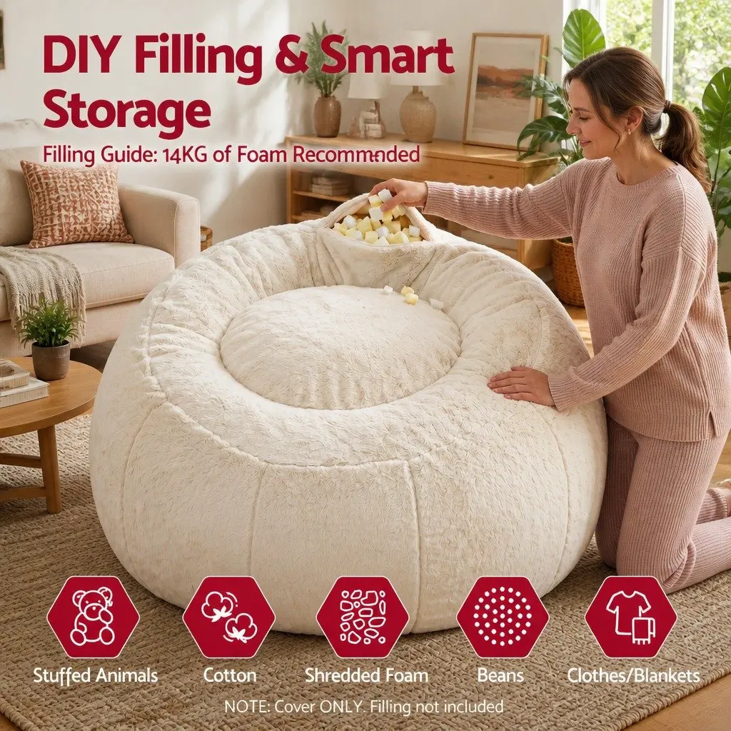 Bean Bag Chair Cover Large Round Faux Fur Soft Washable Storage Sofa