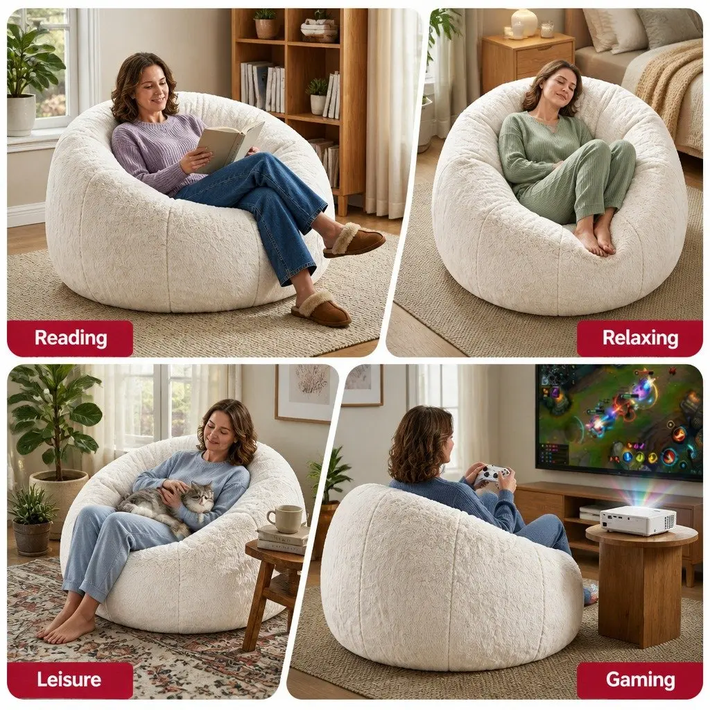 Bean Bag Chair Cover Large Round Faux Fur Soft Washable Storage Sofa