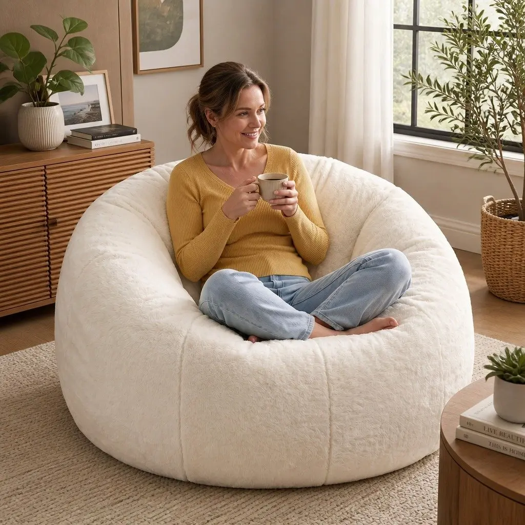 Bean Bag Chair Cover Large Round Faux Fur Soft Washable Storage Sofa