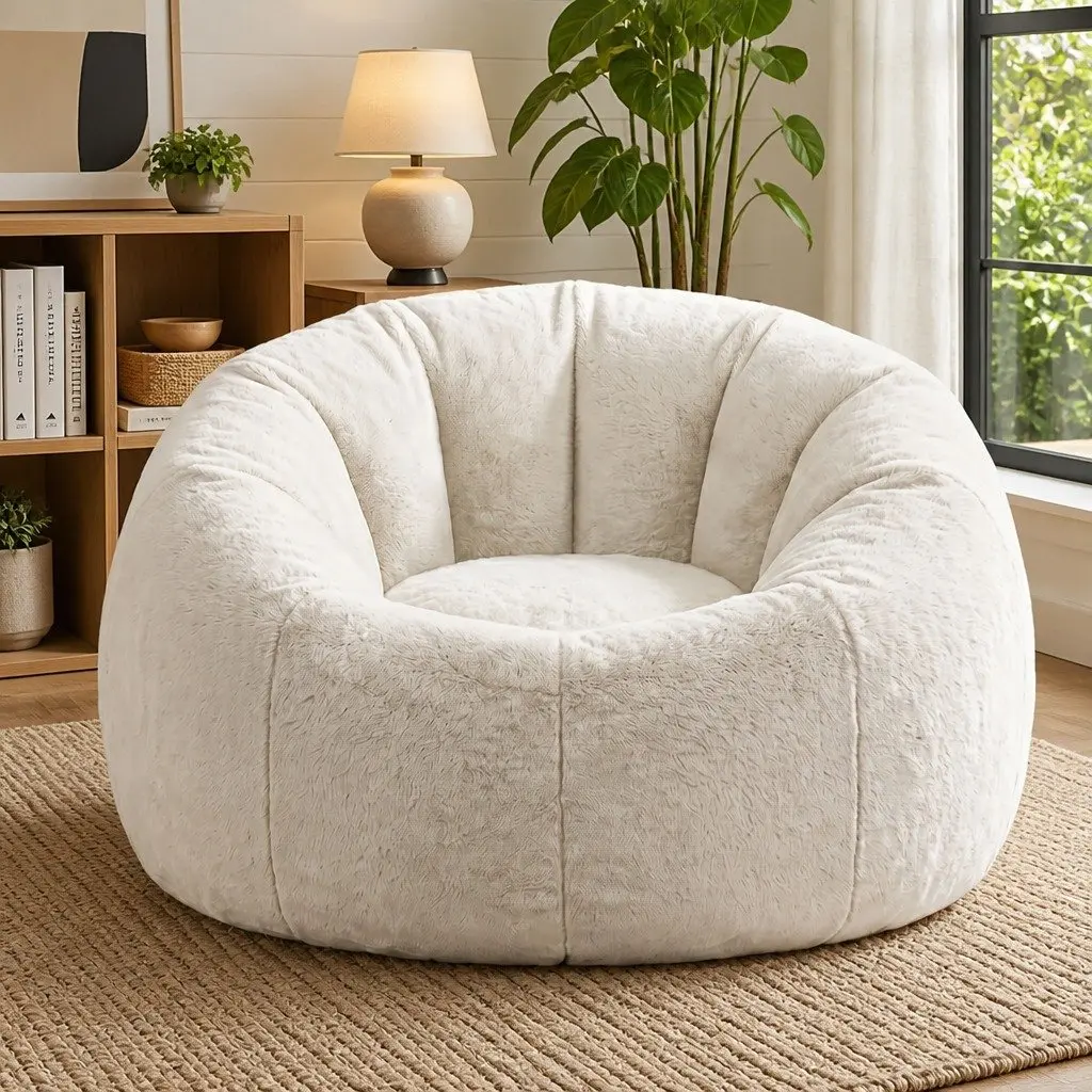 Bean Bag Chair Cover Large Round Faux Fur Soft Washable Storage Sofa