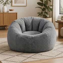 Bean Bag Chair Cover Large Round Faux Fur Soft Washable Storage Sofa Cover Grey