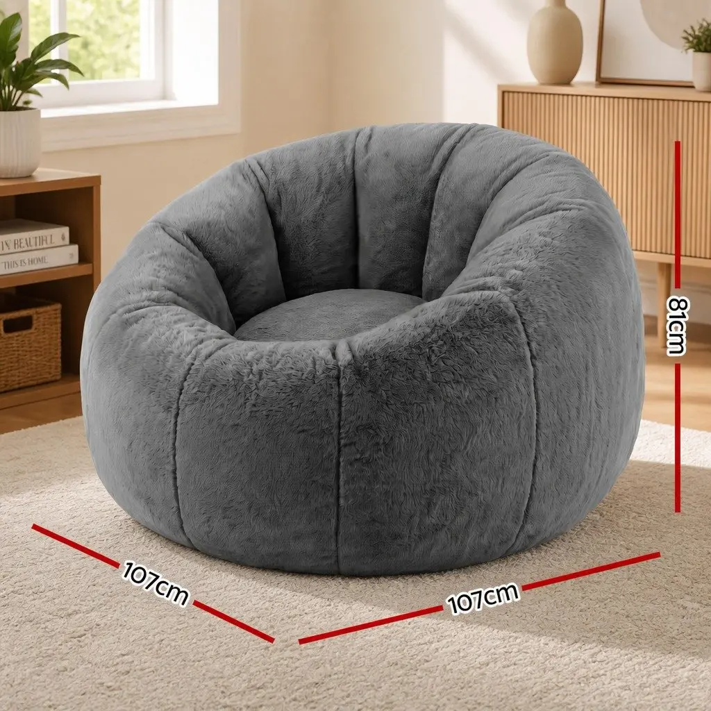 Bean Bag Chair Cover Large Round Grey Faux Fur Washable Storage
