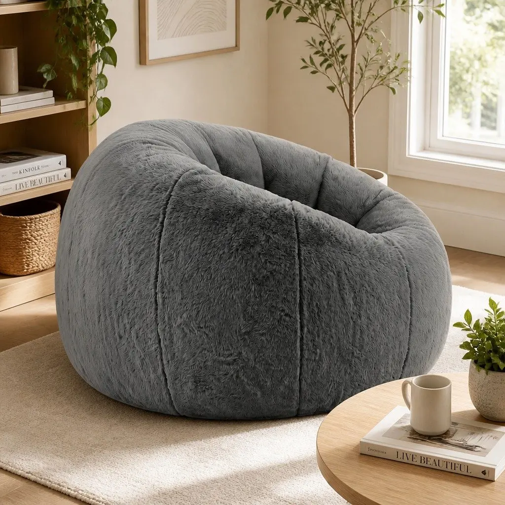 Bean Bag Chair Cover Large Round Grey Faux Fur Washable Storage