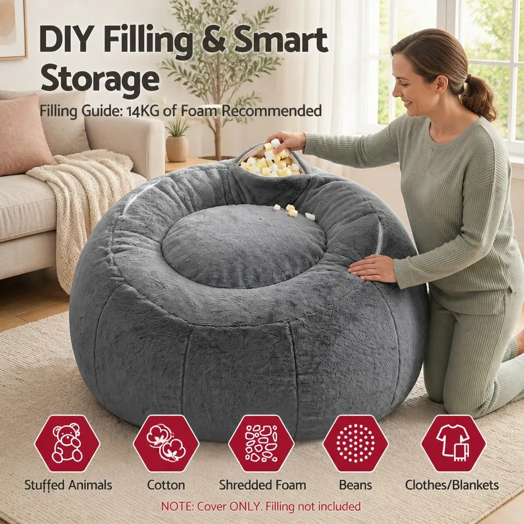 Bean Bag Chair Cover Large Round Grey Faux Fur Washable Storage