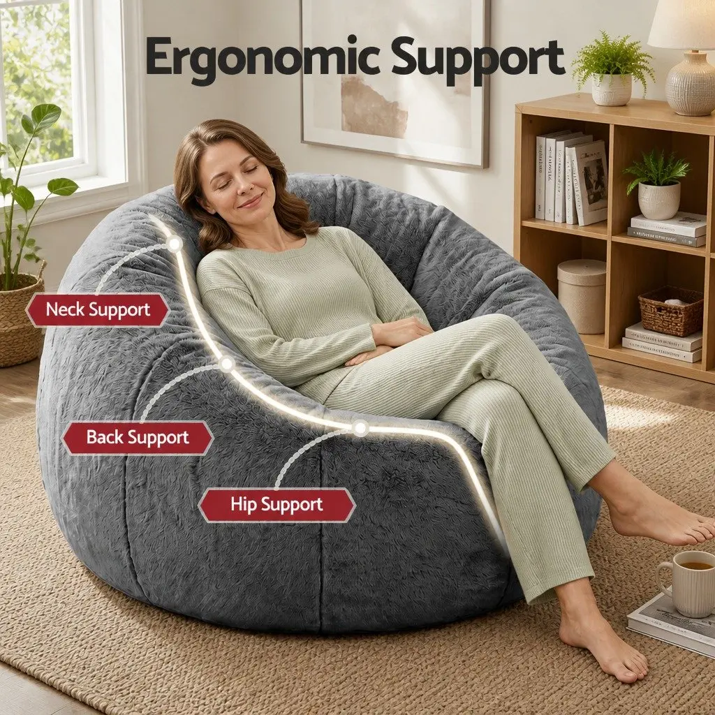 Bean Bag Chair Cover Large Round Grey Faux Fur Washable Storage