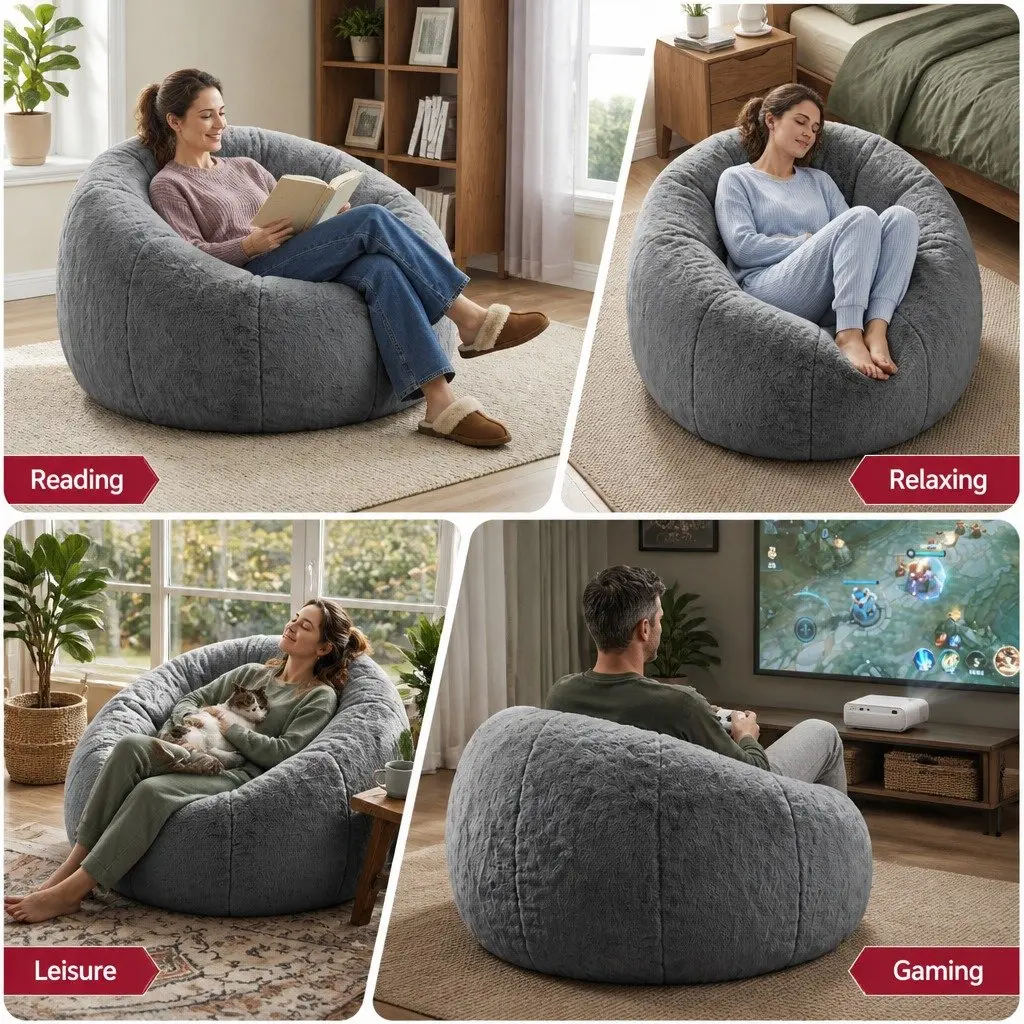 Bean Bag Chair Cover Large Round Grey Faux Fur Washable Storage