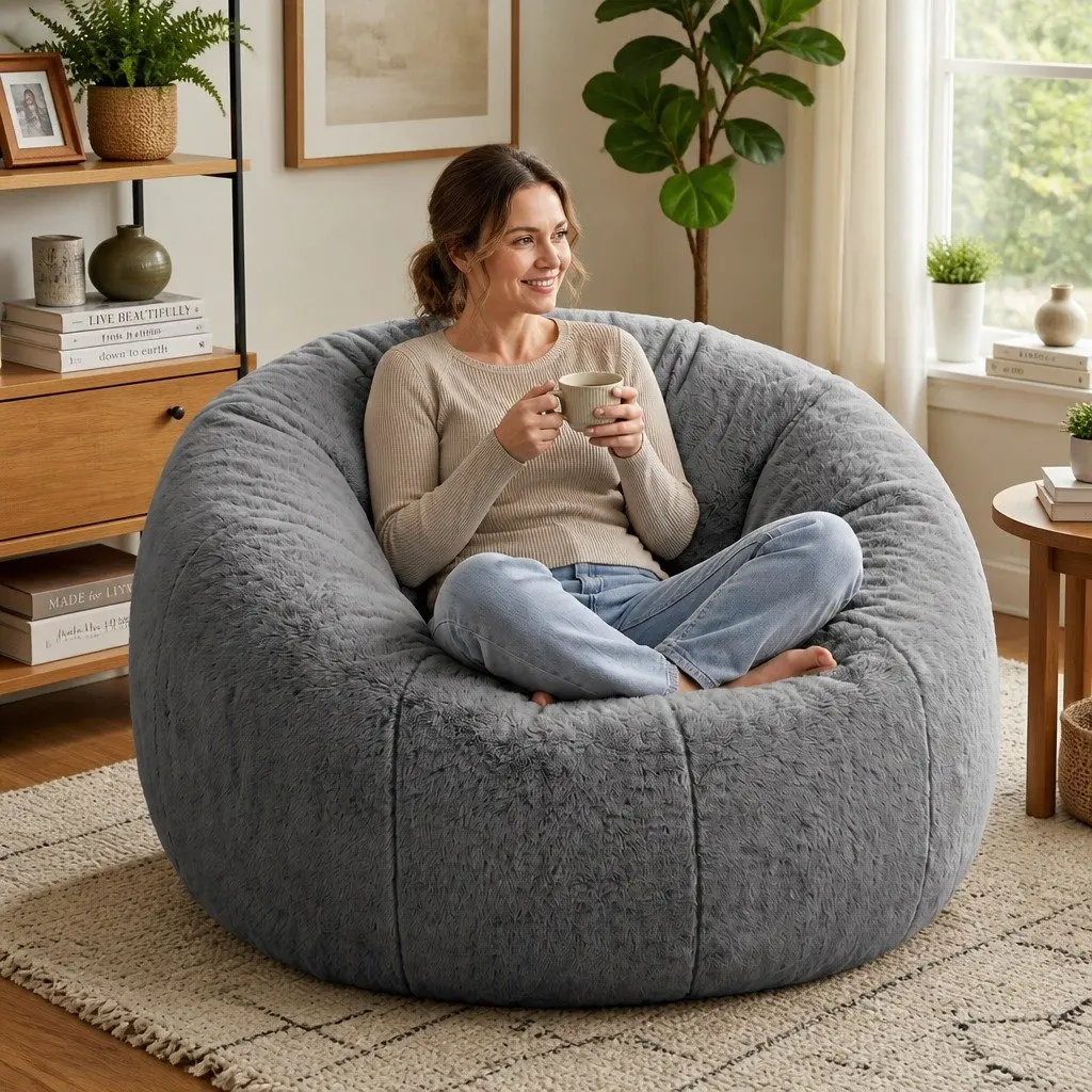 Bean Bag Chair Cover Large Round Grey Faux Fur Washable Storage