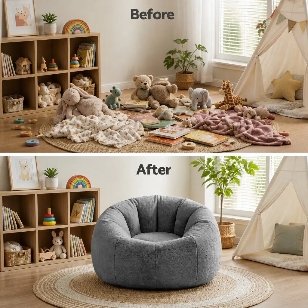Bean Bag Chair Cover Large Round Grey Faux Fur Washable Storage
