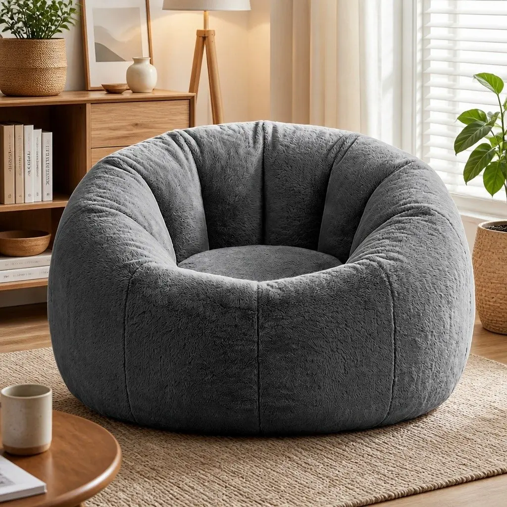 Bean Bag Chair Cover Large Round Grey Faux Fur Washable Storage