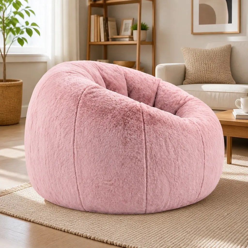 Bean Bag Chair Cover Large Round Faux Fur Washable Lazy Sofa Lounger for Adults