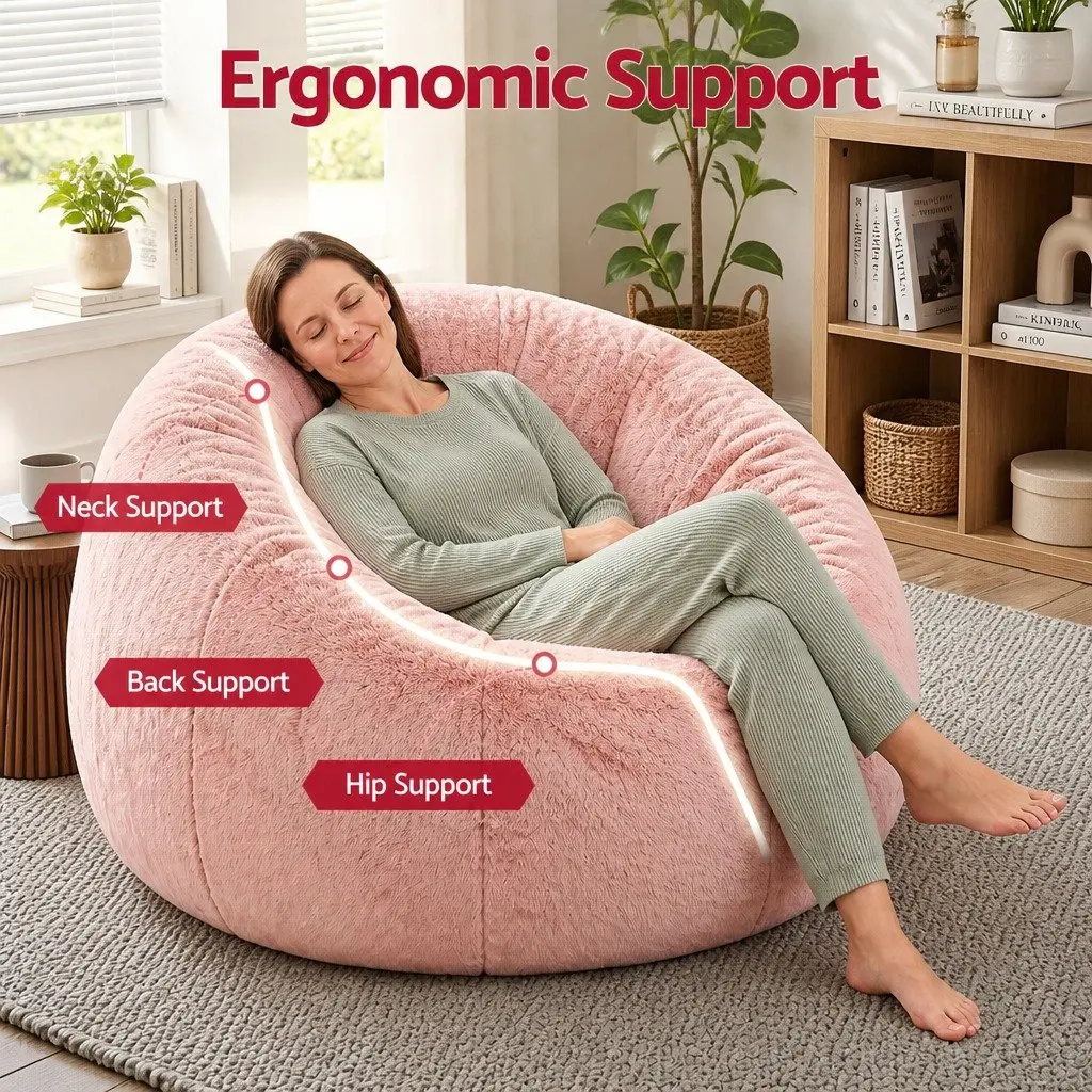 Bean Bag Chair Cover Large Round Faux Fur Washable Lazy Sofa Lounger for Adults