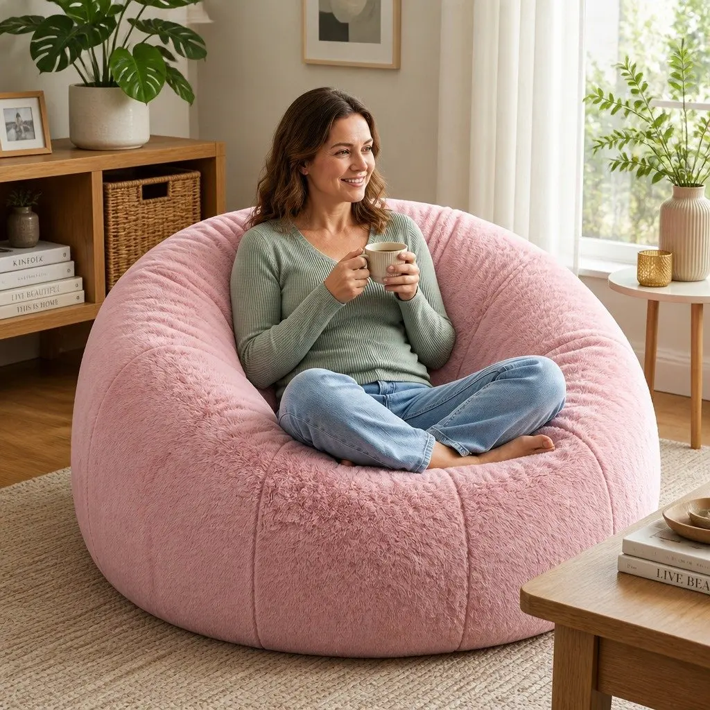 Bean Bag Chair Cover Large Round Faux Fur Washable Lazy Sofa Lounger for Adults