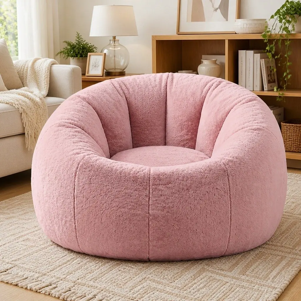 Bean Bag Chair Cover Large Round Faux Fur Washable Lazy Sofa Lounger for Adults
