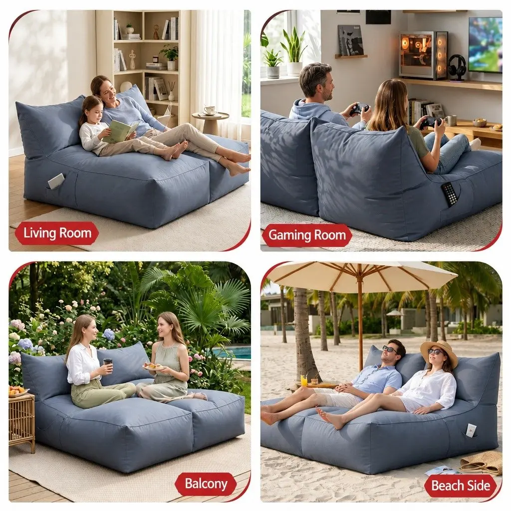 Indoor Outdoor Bean Bag Chair 2 Seater L-Shape Lounge Sofa with Memory Foam