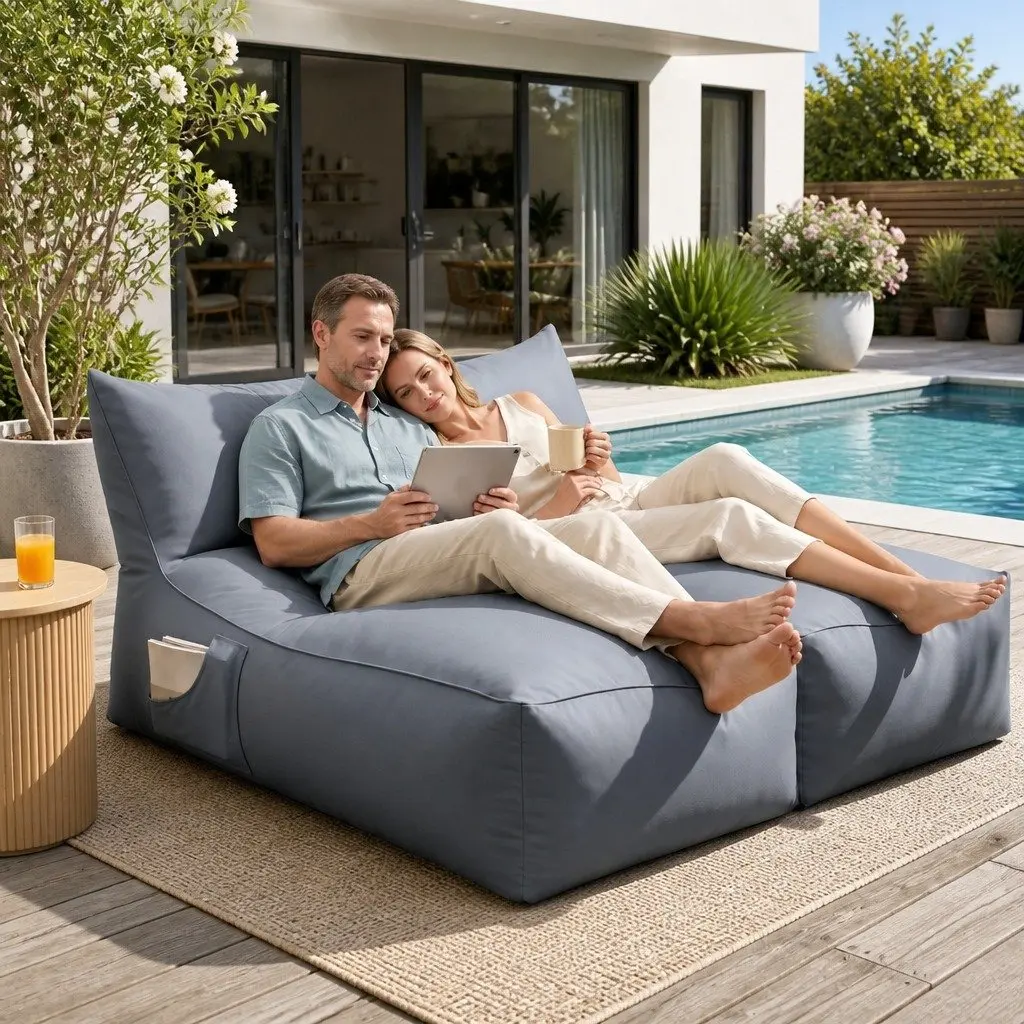 Indoor Outdoor Bean Bag Chair 2 Seater L-Shape Lounge Sofa with Memory Foam