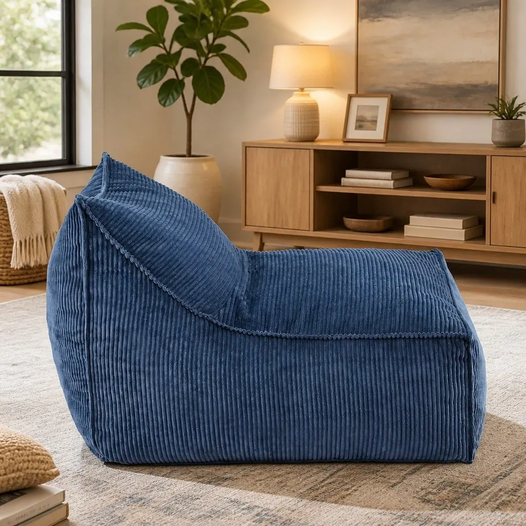 Bean Bag Chair Cover with Filler Soft Corduroy L-Shaped Lounger Sofa for Living