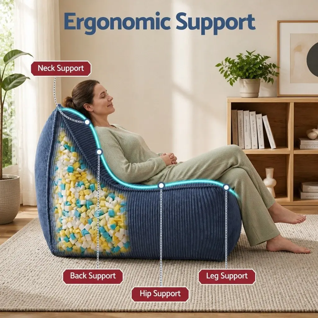 Bean Bag Chair Cover with Filler Soft Corduroy L-Shaped Lounger Sofa for Living
