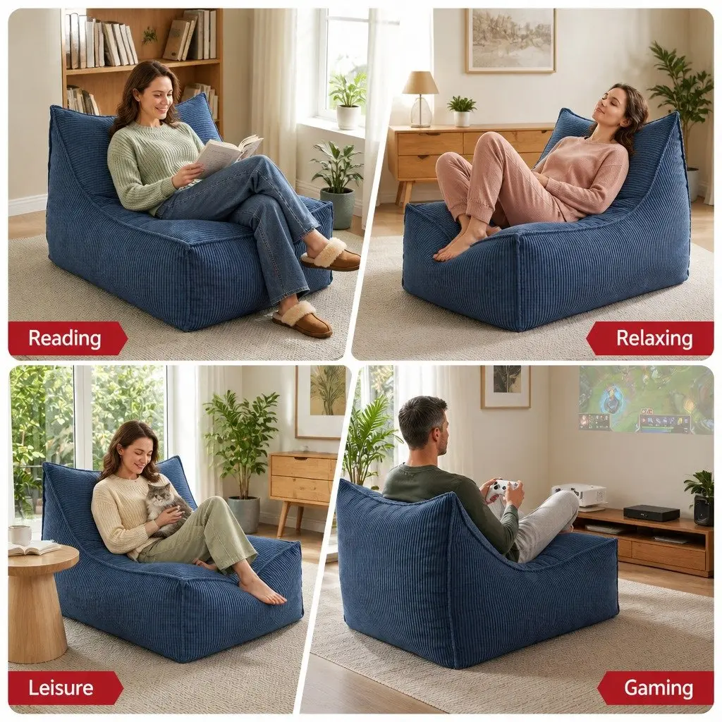 Bean Bag Chair Cover with Filler Soft Corduroy L-Shaped Lounger Sofa for Living